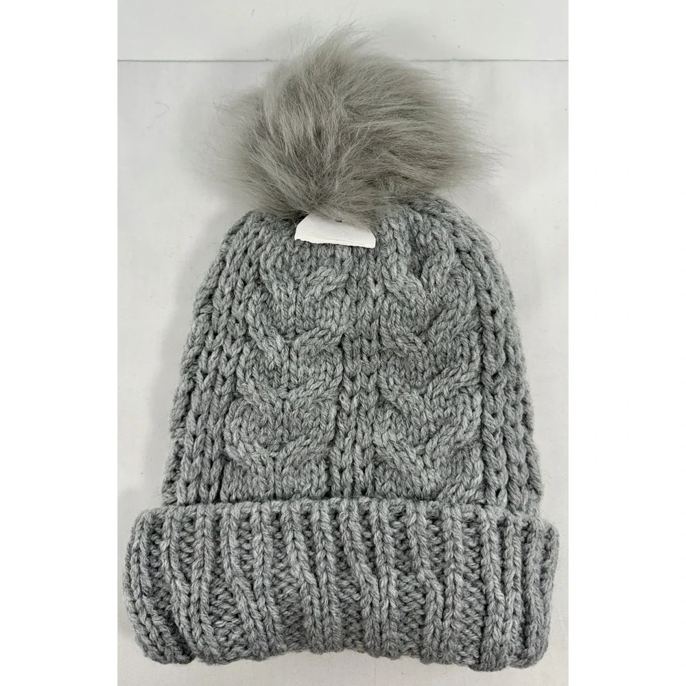 Time and Tru Cable Knit Beanie Winter Hat Faux‎ Fur Pom Gray One Size New